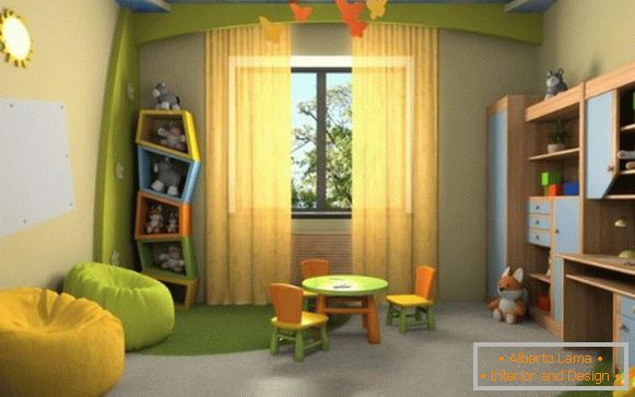 interior de um quarto de crianças em cores naturais para uma garota