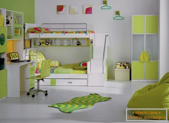 Design moderno do interior do quarto de uma criança em um esquema de cor verde claro
