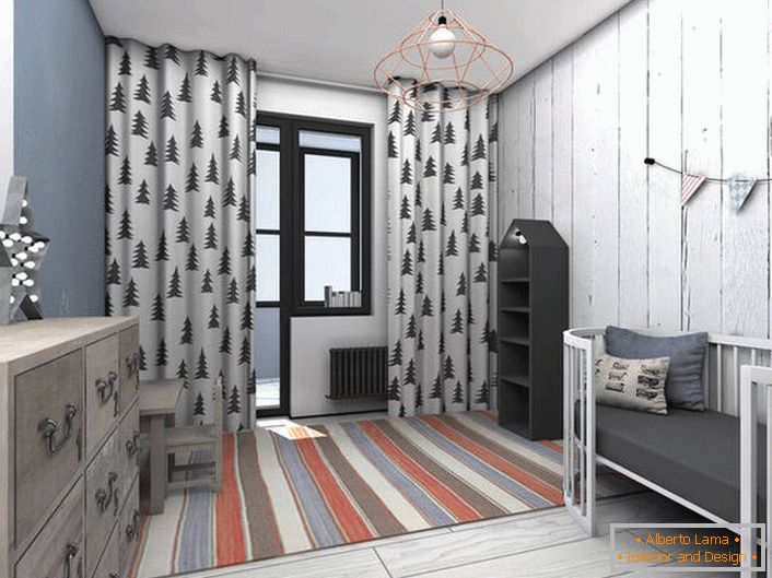 Loft estilo no interior do quarto das crianças no apartamento da cidade de Moscou.