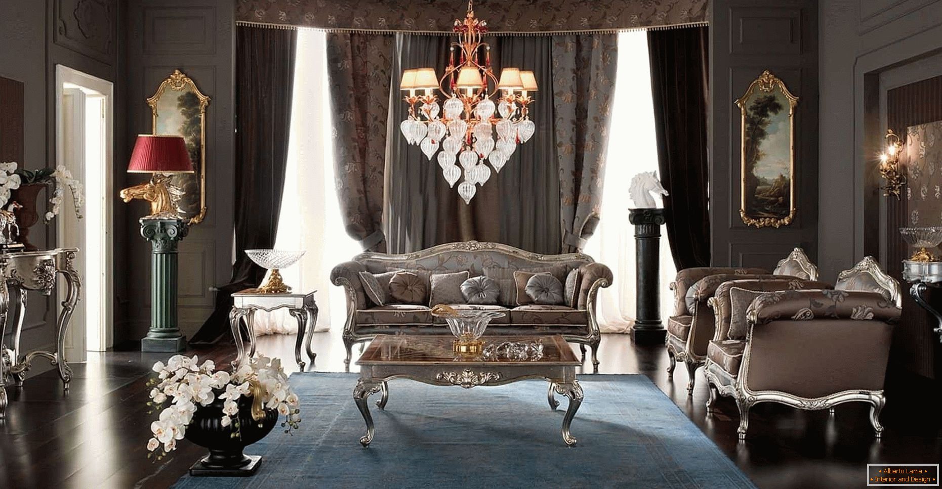 O design da sala de estar em uma cor escura em estilo clássico