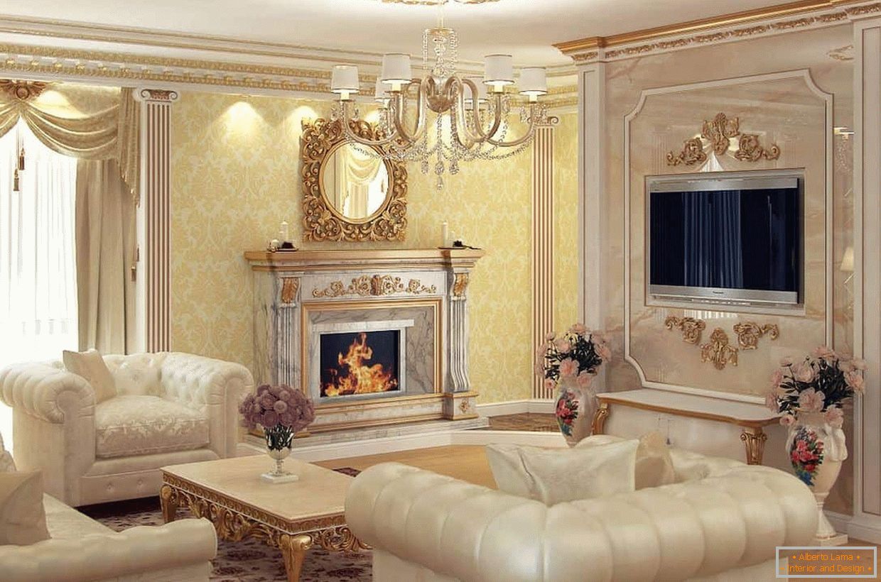 Lareira no design da sala de estar em estilo clássico