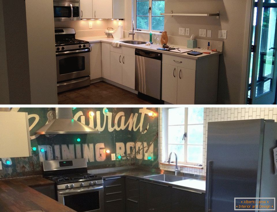 Interior de uma pequena cozinha antes e depois do reparo