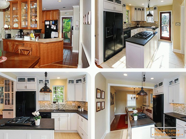 Interior de uma pequena cozinha antes e depois do redesenvolvimento