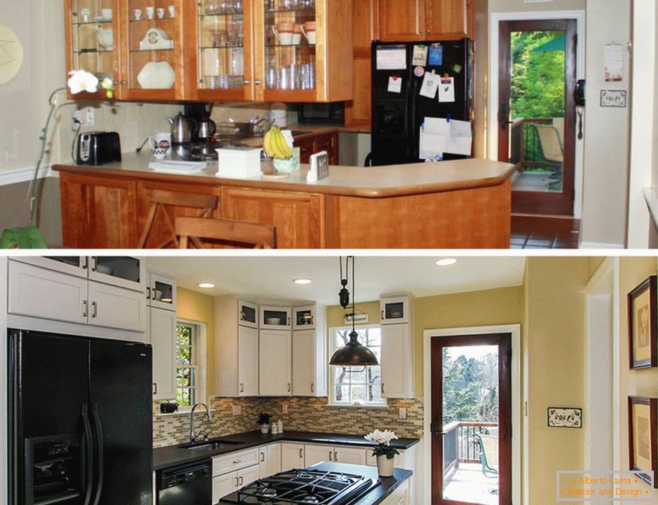 Interior de uma pequena cozinha antes e depois do reparo