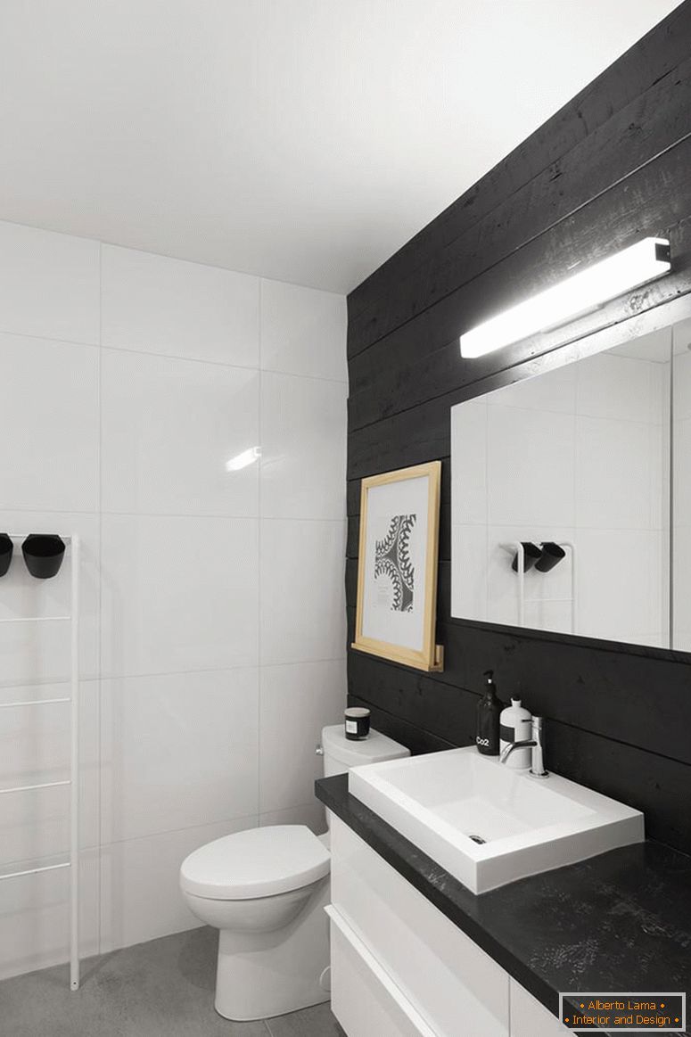 Interior de uma pequena casa de banho em preto e branco