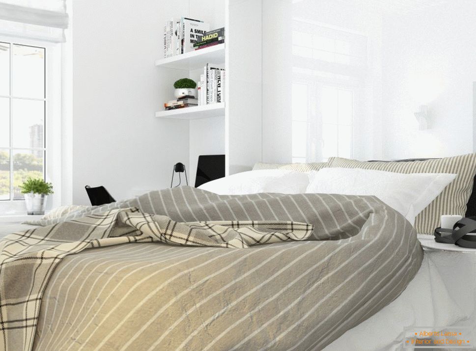 Design de interiores de um quarto no estilo do minimalismo branco
