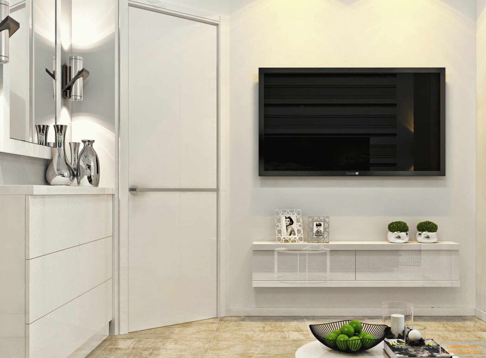 TV na parede no interior do minimalismo branco