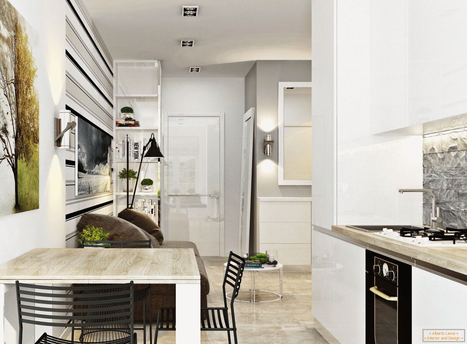 Interior da cozinha e sala de jantar no estilo do minimalismo branco