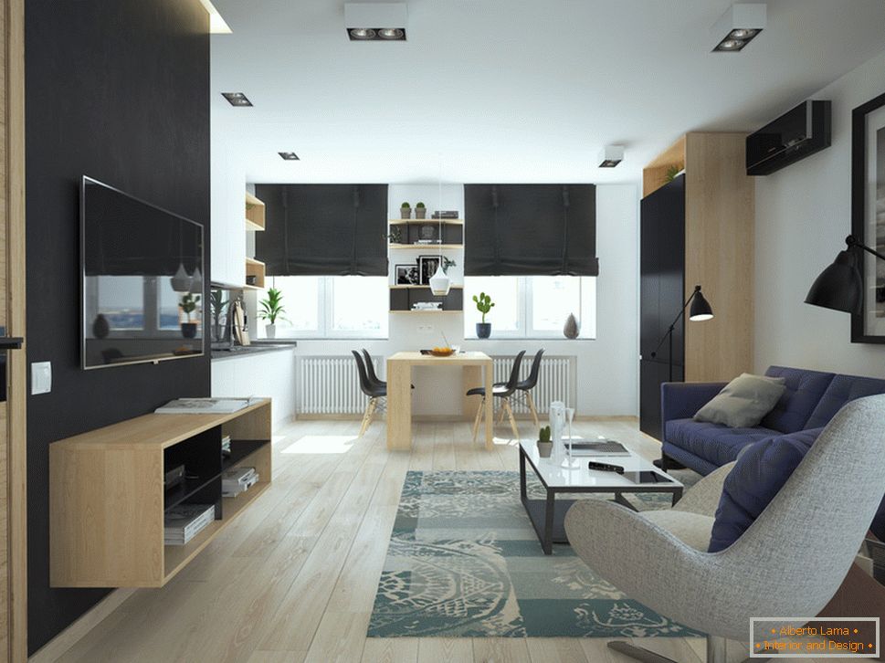 Interior de um pequeno apartamento em cores contrastantes - гостиная и столовая