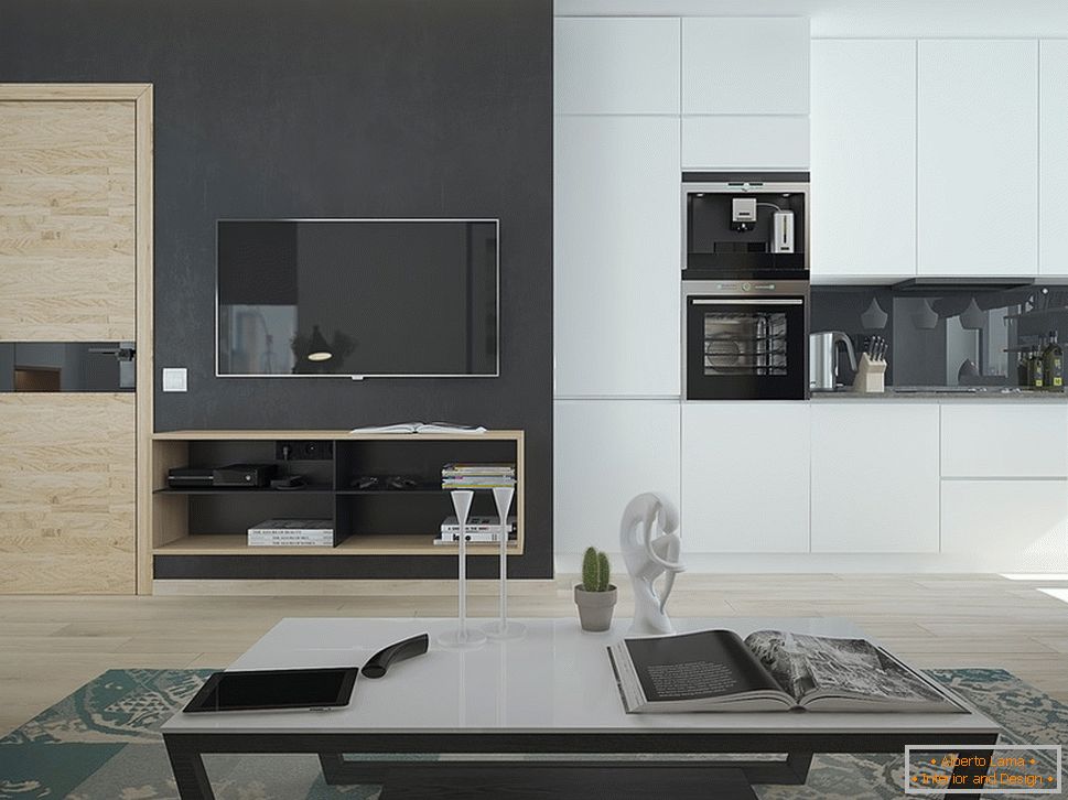 Interior de um pequeno apartamento em cores contrastantes - кухня и гостиная