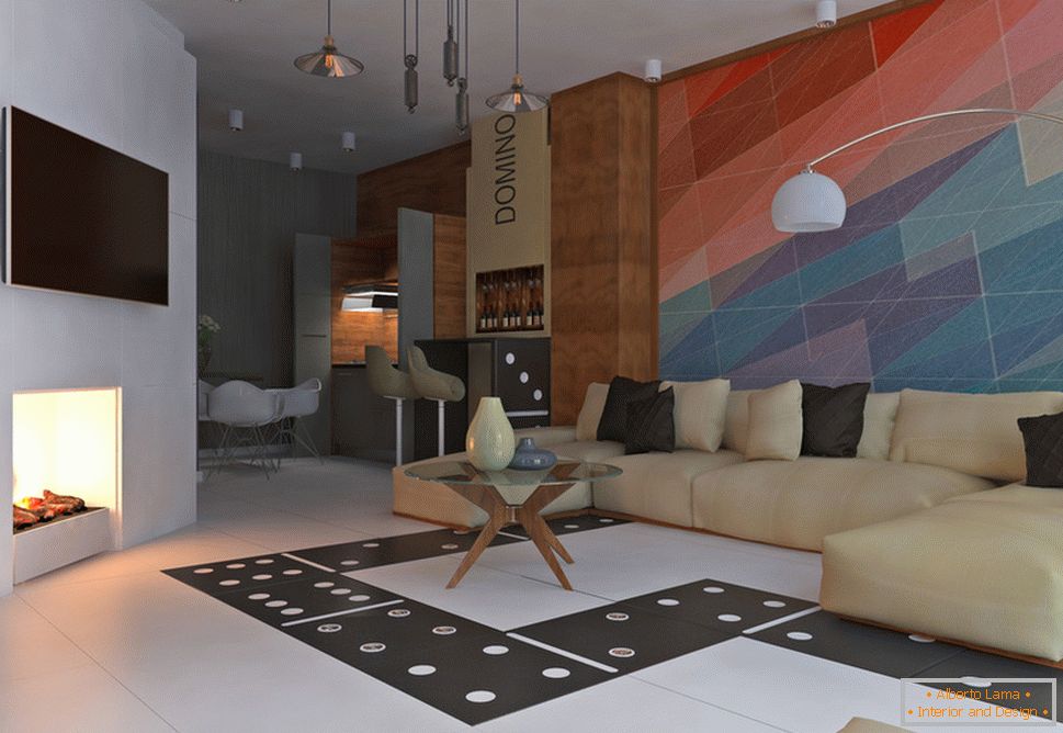Interior de um pequeno apartamento em cores brilhantes - гостиная