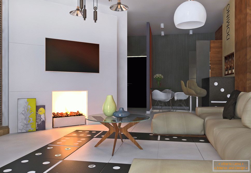 Interior de um pequeno apartamento em cores brilhantes - гостиная с камином