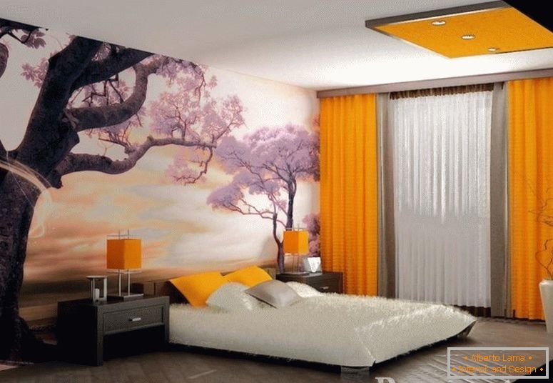 Papéis de parede de foto com sakura e cortinas laranja no quarto