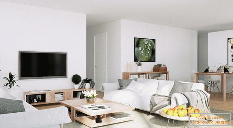 apartamento escandinavo-branco-vivo-entretenimento-com-verde-orgânico-e-acentos-de-madeira
