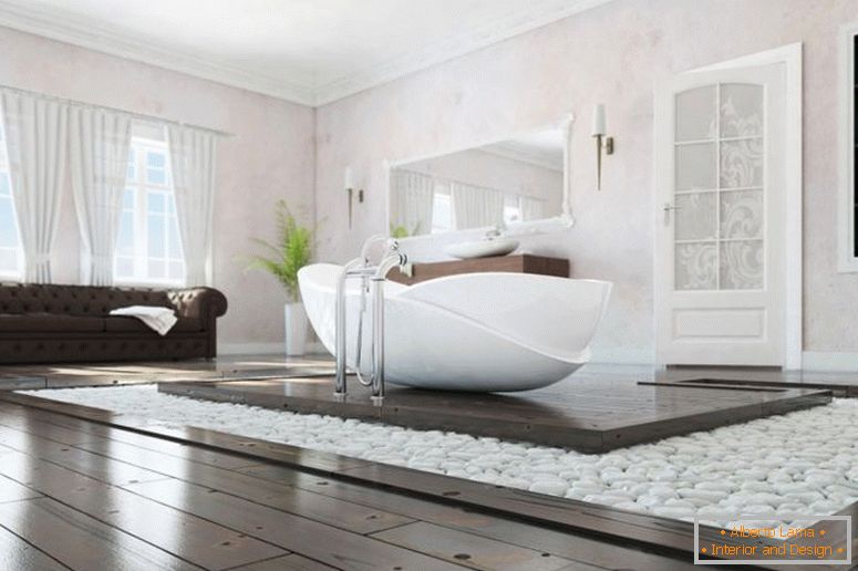 elegante-moderno-banheiro-com-interior-design-com-vela-no-jardim-interessante-branco-banheira-madeira-chão-parede-decoração interior-seixos-arquitetura design de interiores interior-design-faculdades-softw