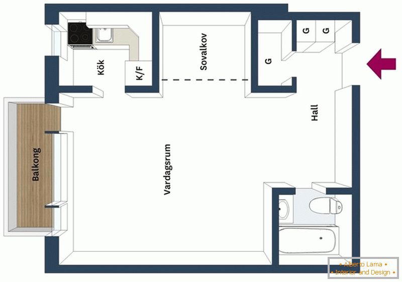 O layout de um apartamento com um quarto sob o teto