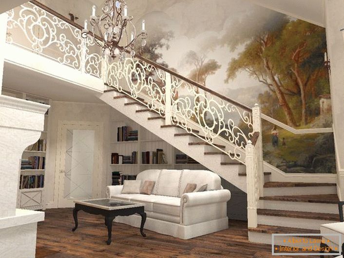 A impressionante harmonia da elegante escadaria e do interior da casa no estilo mediterrâneo.