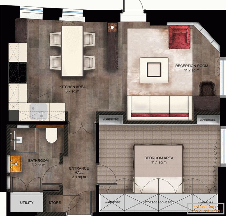 O layout de um pequeno apartamento elegante