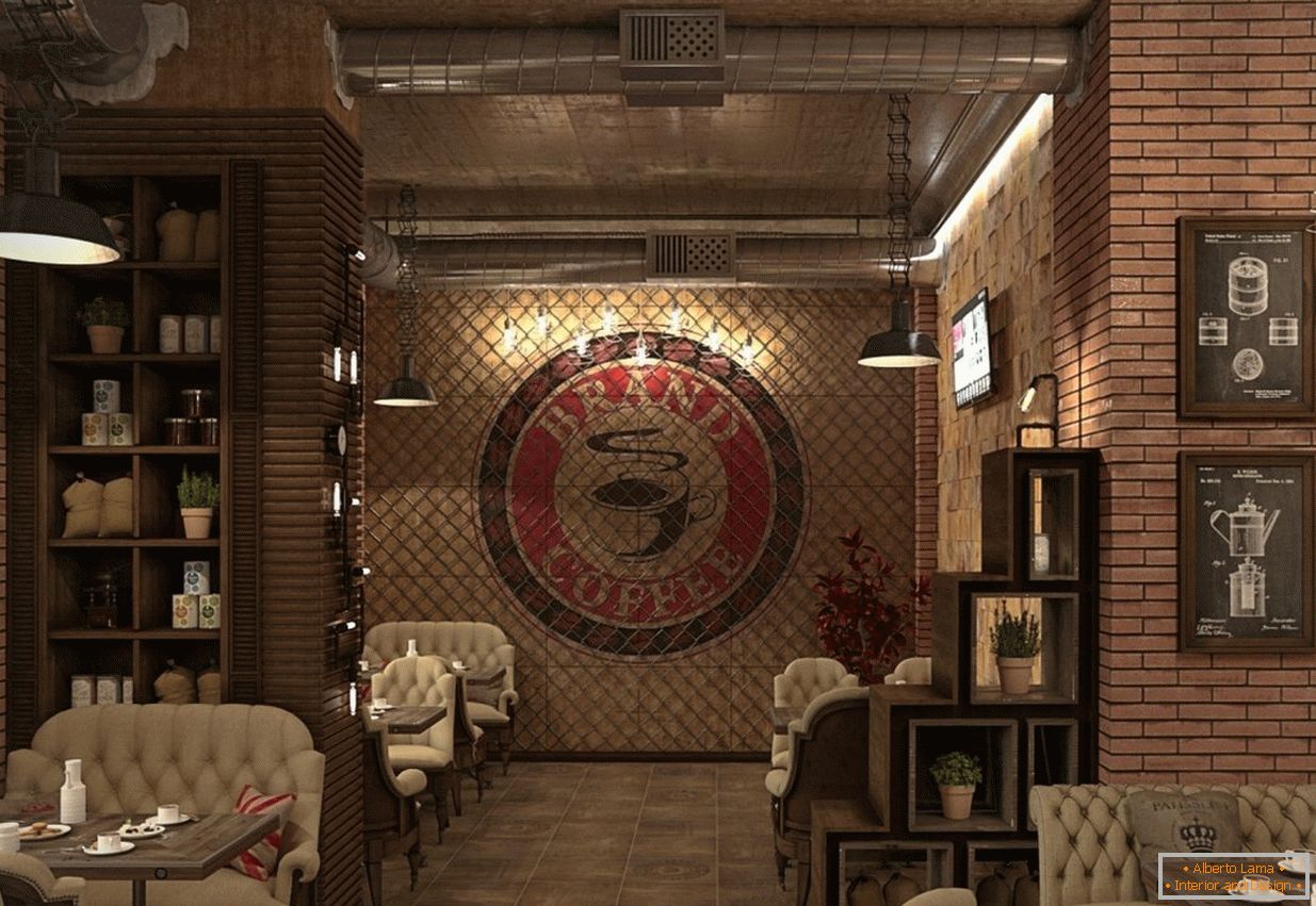 Café interior em estilo loft в кирпичном цвете