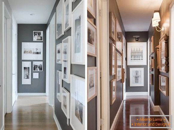 Projeto de um corredor estreito no apartamento com fotos e pinturas nas paredes