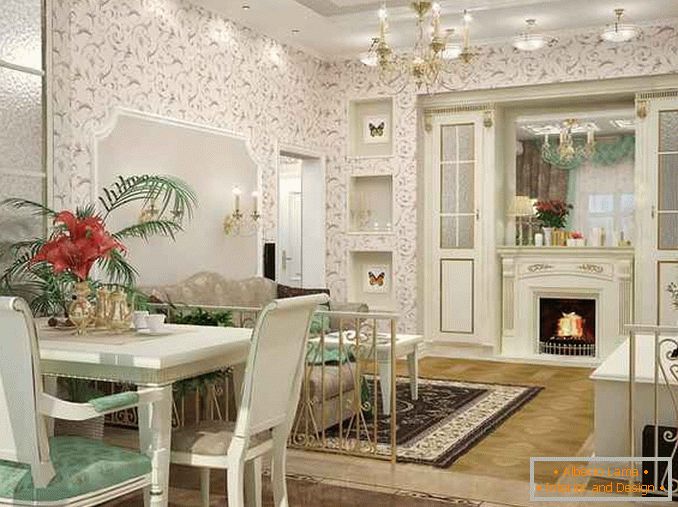 Design de cozinha clássica da sala de estar em uma casa privada