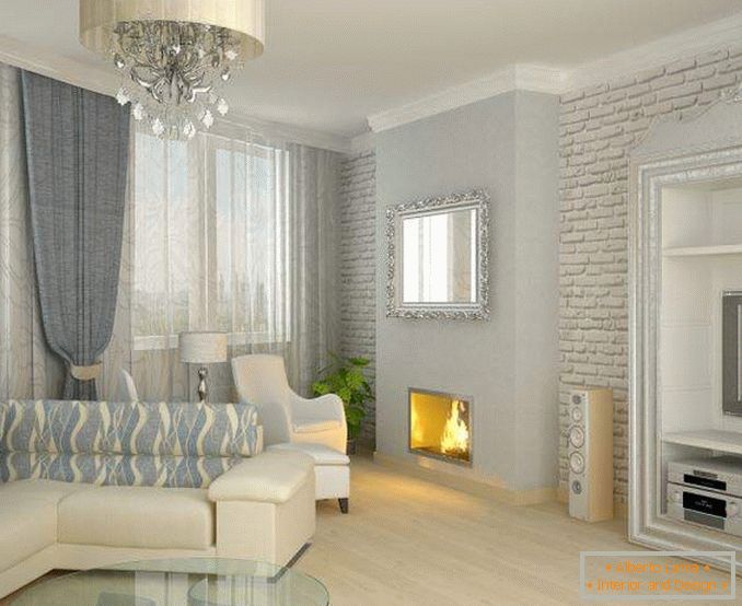 Design clássico do salão com lareira em uma casa particular