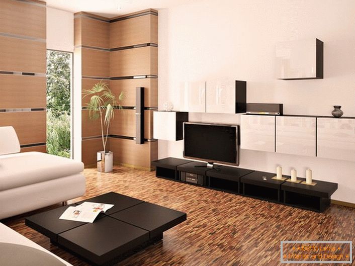 Quarto moderno e elegante em tons de branco e bege claro, decorado com móveis de madeira escura.