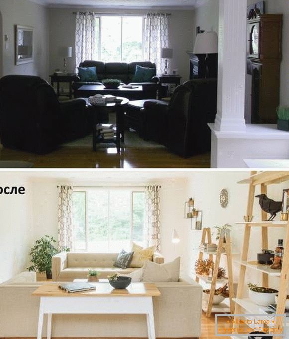 Arranjo de móveis na sala de estar antes e depois do turno