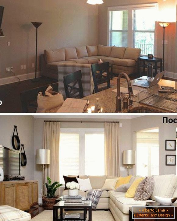 Variantes de arranjo de mobília em uma sala de estar em uma foto antes e depois
