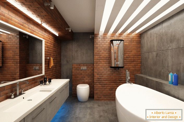 Simulação de alvenaria no banheiro em estilo loft é harmoniosamente combinada com móveis brancos como a neve.