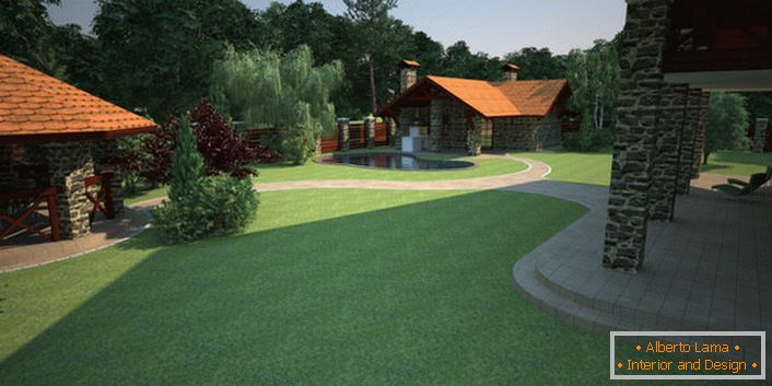 O desenho do pátio da casa de campo é feito levando em conta o desembarque do gramado inglês. 