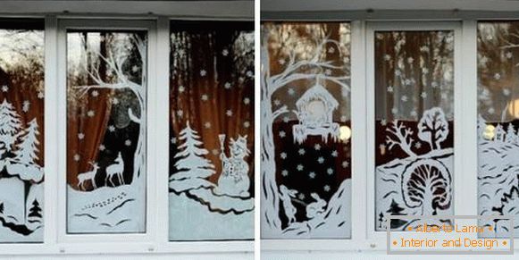 Nós decoramos as janelas para o Ano Novo lindamente e com bom gosto