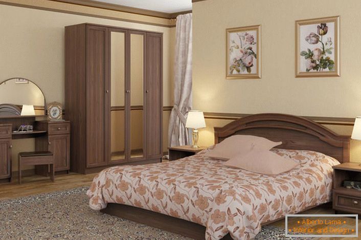 O interior insuperável do quarto no estilo Art Nouveau é enfatizado por móveis modulares devidamente selecionados.
