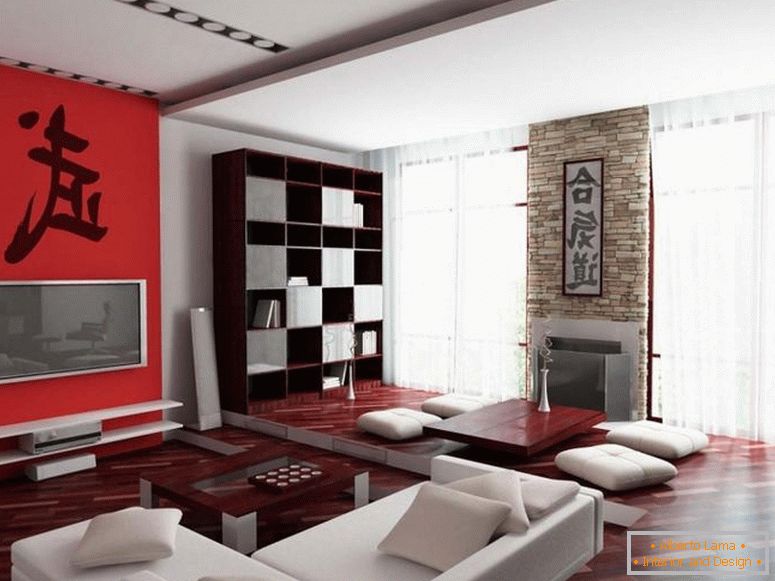 Espaçosa sala de estar em cores vermelhas e brancas