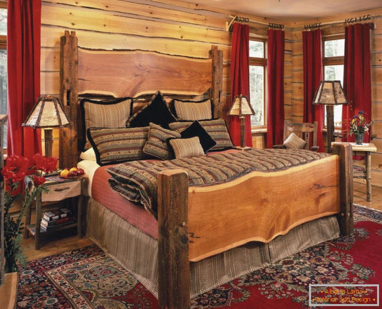 soberbas-candeeiros-de-mesa-e-fantastica-cama-em-rústico-quarto-ideias-com-tradicional-tapete vermelho