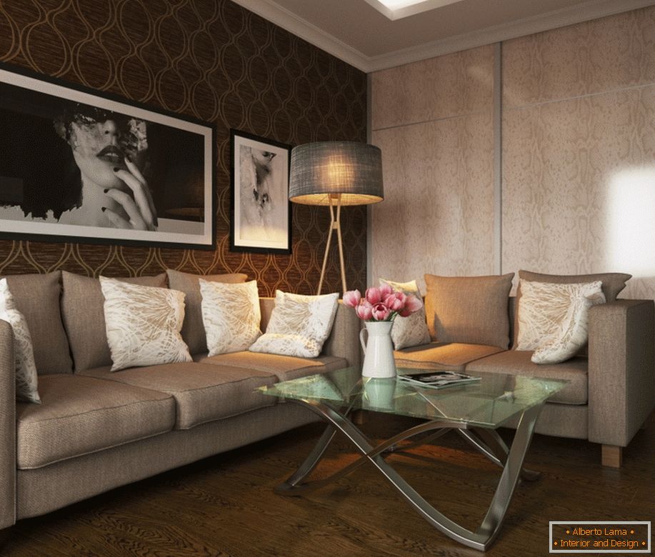 Exemplo de design de interiores de uma pequena sala de estar na foto