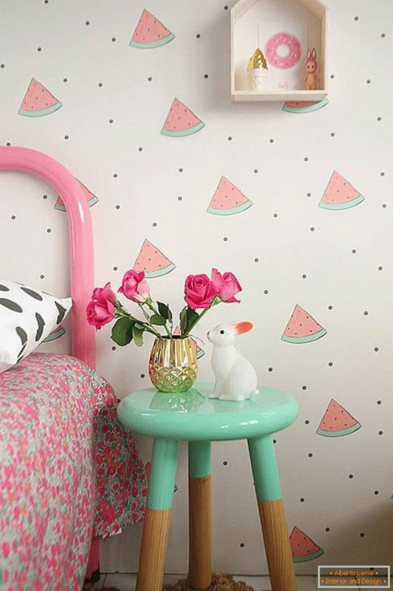 tabela de papéis de parede-infantil-quarto-melancia-padrão-rosa-lado