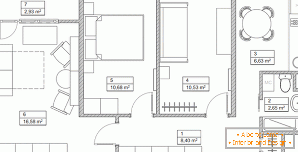 O layout de um apartamento de três quartos