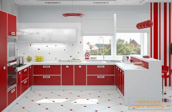 Design de uma foto de cozinha branca vermelha 12