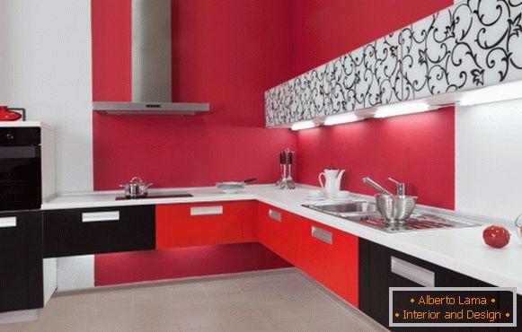 Foto de cozinhas vermelho angular