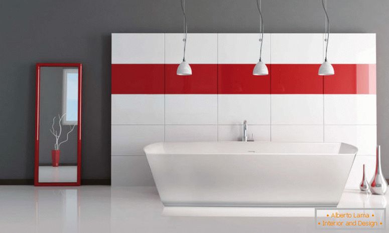inspiração-banheiro-charme-triplos-pingente industrial-luzes-sobre-autoportante-banheira-como-como-vermelho-listras-parede-decalque-como-decorar-em-cinza-e-vermelho-banheiro-decoração- idéias sedutoras-red-bathroom-for