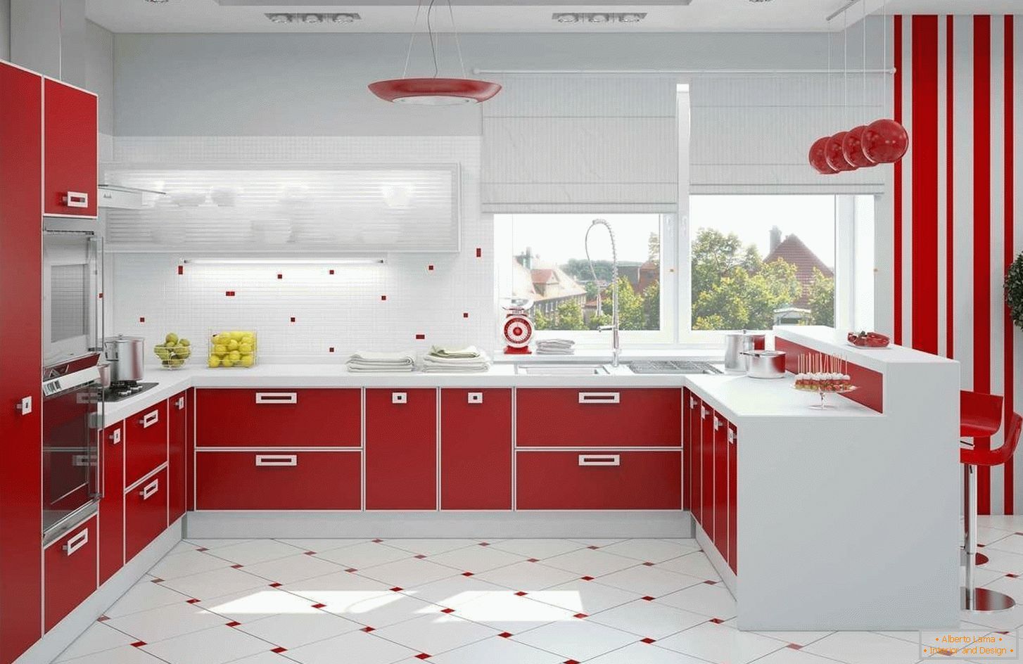 Interior de cozinha vermelho e branco