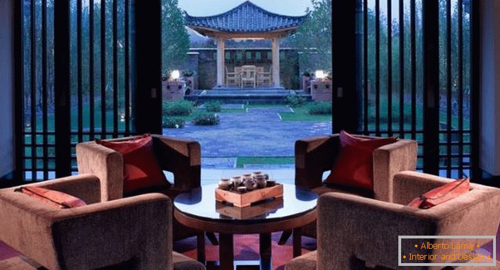 O design da sala de estar no Banyan Tree Lijiang