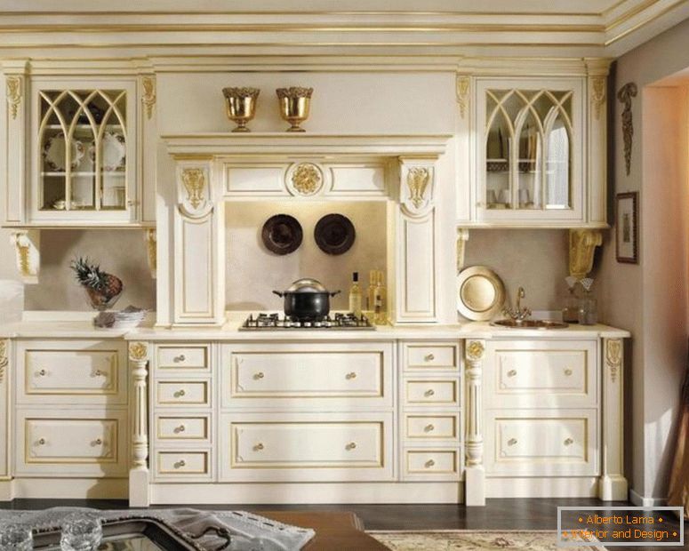 clássico-branco-ouro-de-madeira-guarda-roupa-para-cozinha-design de cortina de vidro janela de iluminação de canto-acima-fogão-como-bem-marrom-floral-tapete-no-escuro de madeira-chão-jpg