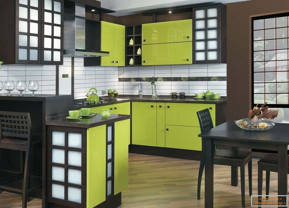 Cozinha wenge em combinação com luz verde
