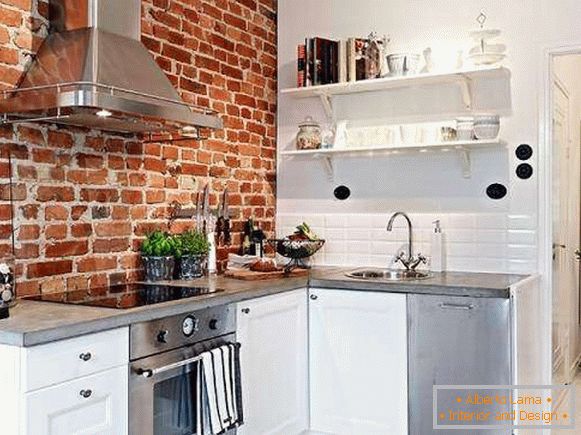 Projeto da cozinha em estilo loft - foto com parede de tijolo vermelho