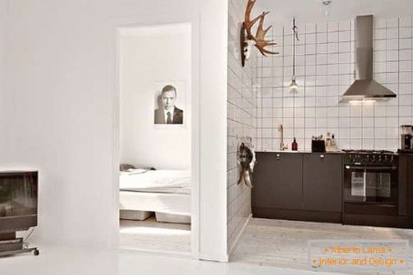 Design de interiores de cozinha em pequenos apartamentos studio - foto preto e branco