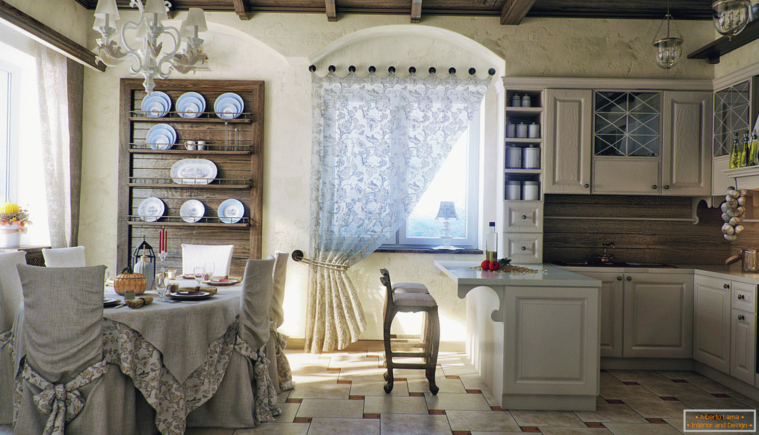 Cozinha e sala de jantar em estilo country