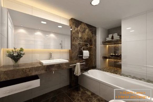 Banheiro brilhante com detalhes em mármore escuro