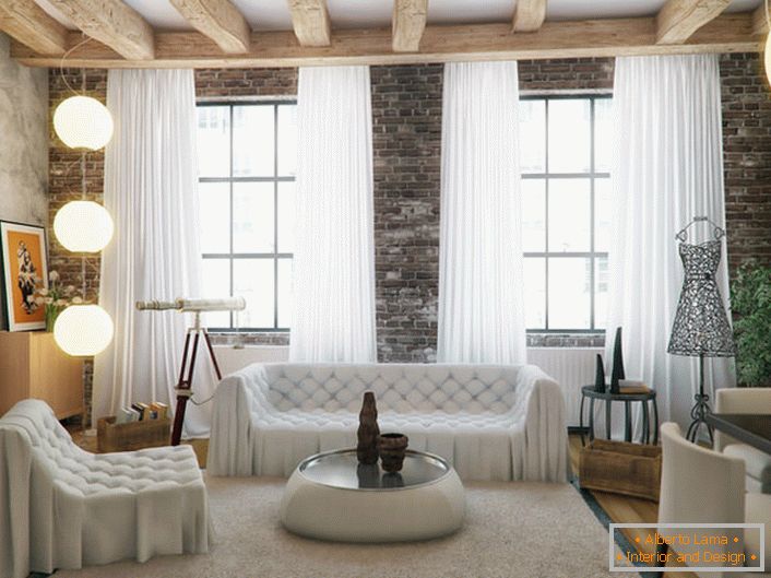 Apenas no estilo loft você pode combinar incongruente. Contraste incrível de ambiente áspero de paredes e teto, e cores suaves e formas de móveis e cortinas.